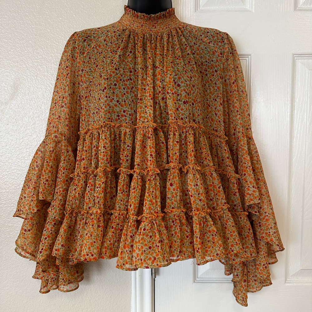 Boho Tiered Ruffle Blouse - Mustard Floral